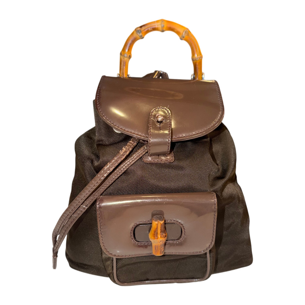 Vintage Gucci Brown Mini Backpack w/ Bamboo Handle Patent Leather + Nylon Auth